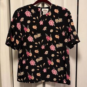Worthington Black Blouse with Pink and Cream Floral Design